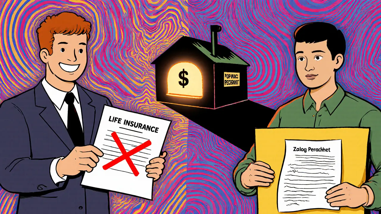 Разделенная сцена: слева — отказ в страховании жизни, справа — клиент подает заявление на перерасчет страховки залога в психоделическом стиле.