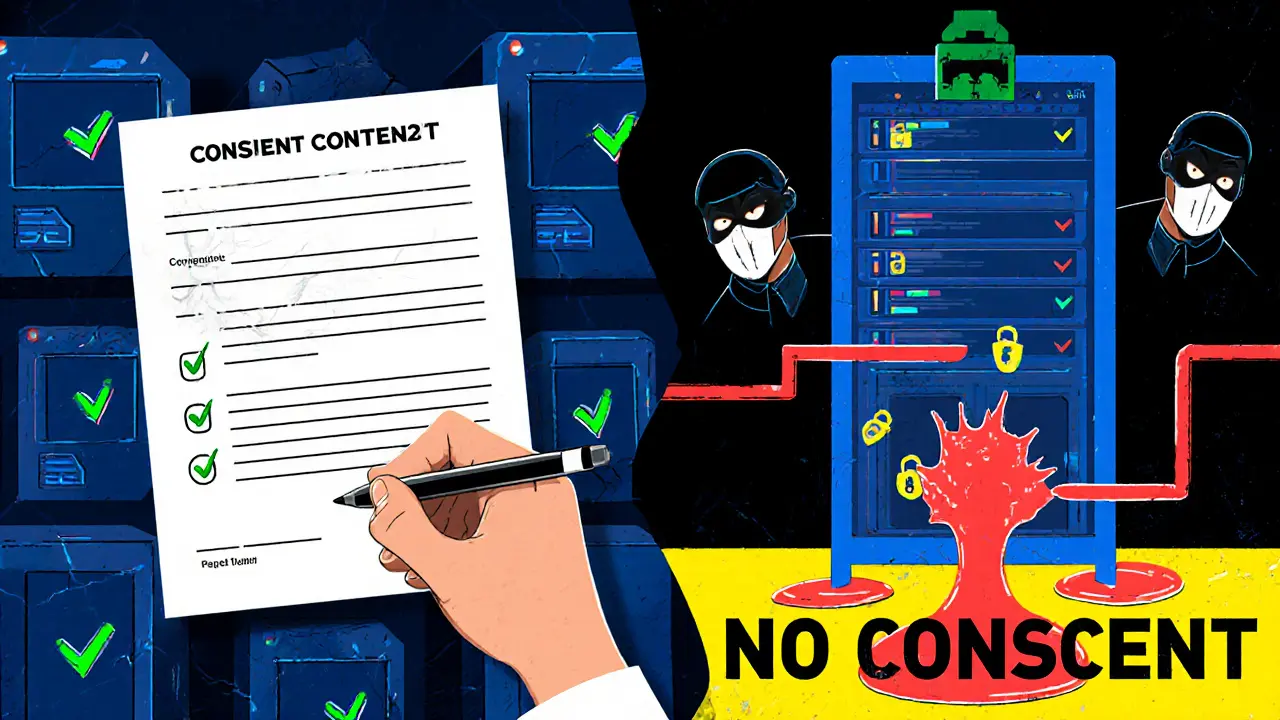 Разделённая сцена: согласие на одном боку, утечка данных и мошенники — на другом.