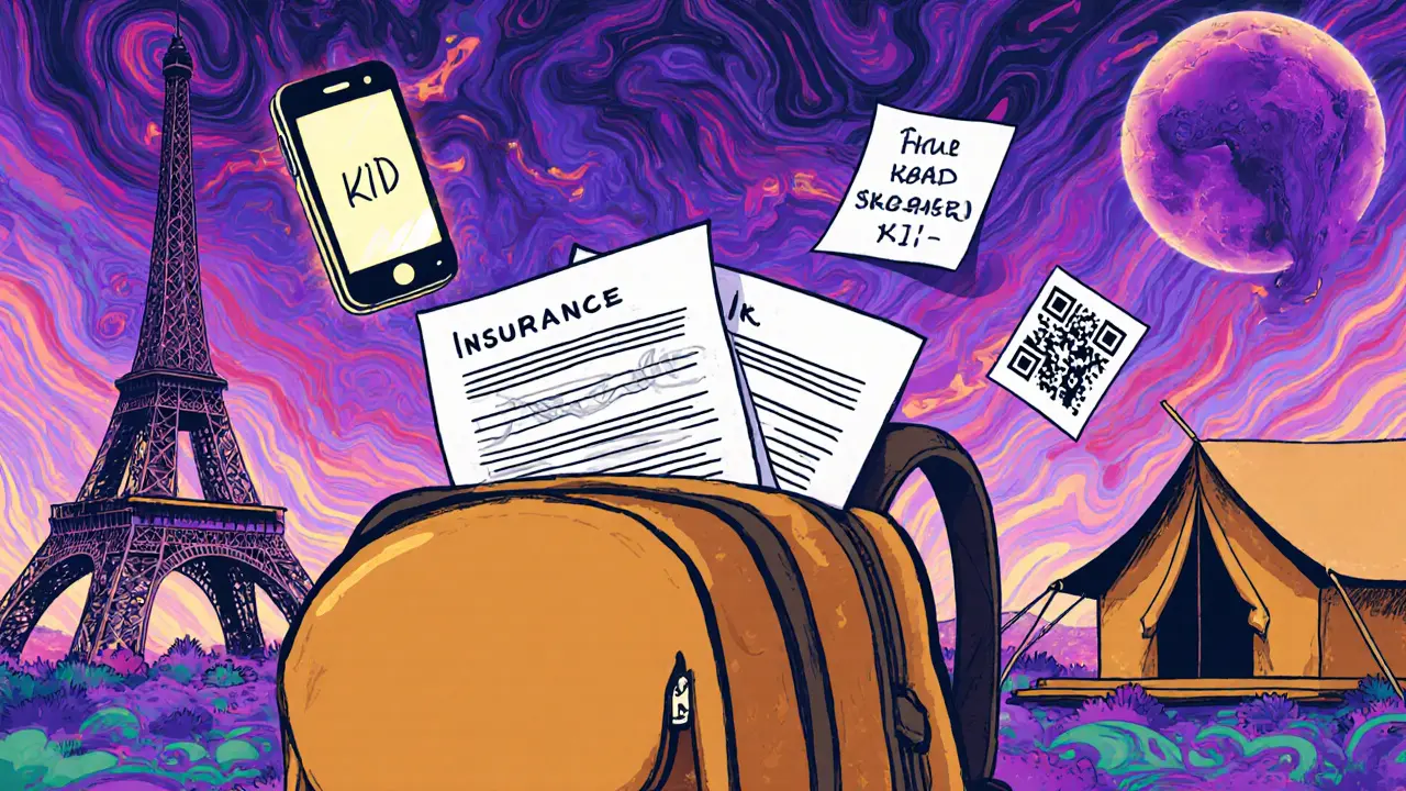 Рюкзак с распечатанными документами, QR-кодом и номером страховщика в психоделическом пейзаже.