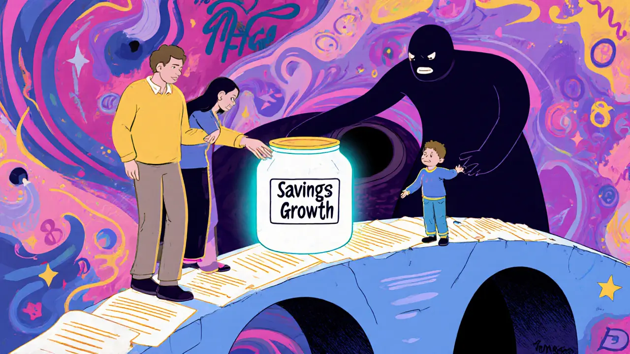 Семья на мосту из полисов, противостоящая теням инфляции