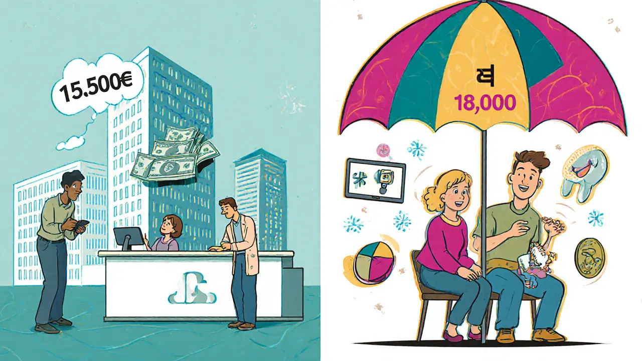 Семья платит за лечение vs. та же семья с полисом ДМС — сравнение в ярком психоделическом стиле.