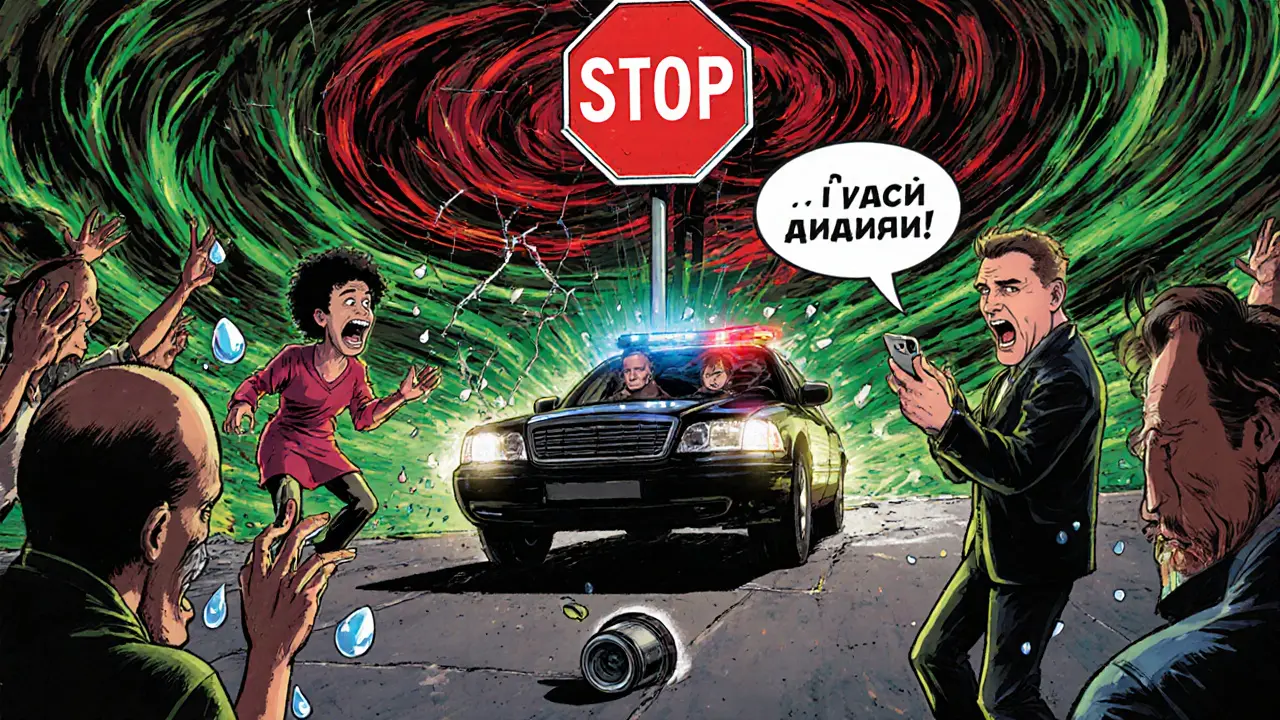 Спокойный водитель снимает на телефон, вокруг него истеричные &#039;потерпевшие&#039;, вдалеке — полиция, всё в ярких психоделических тонах.