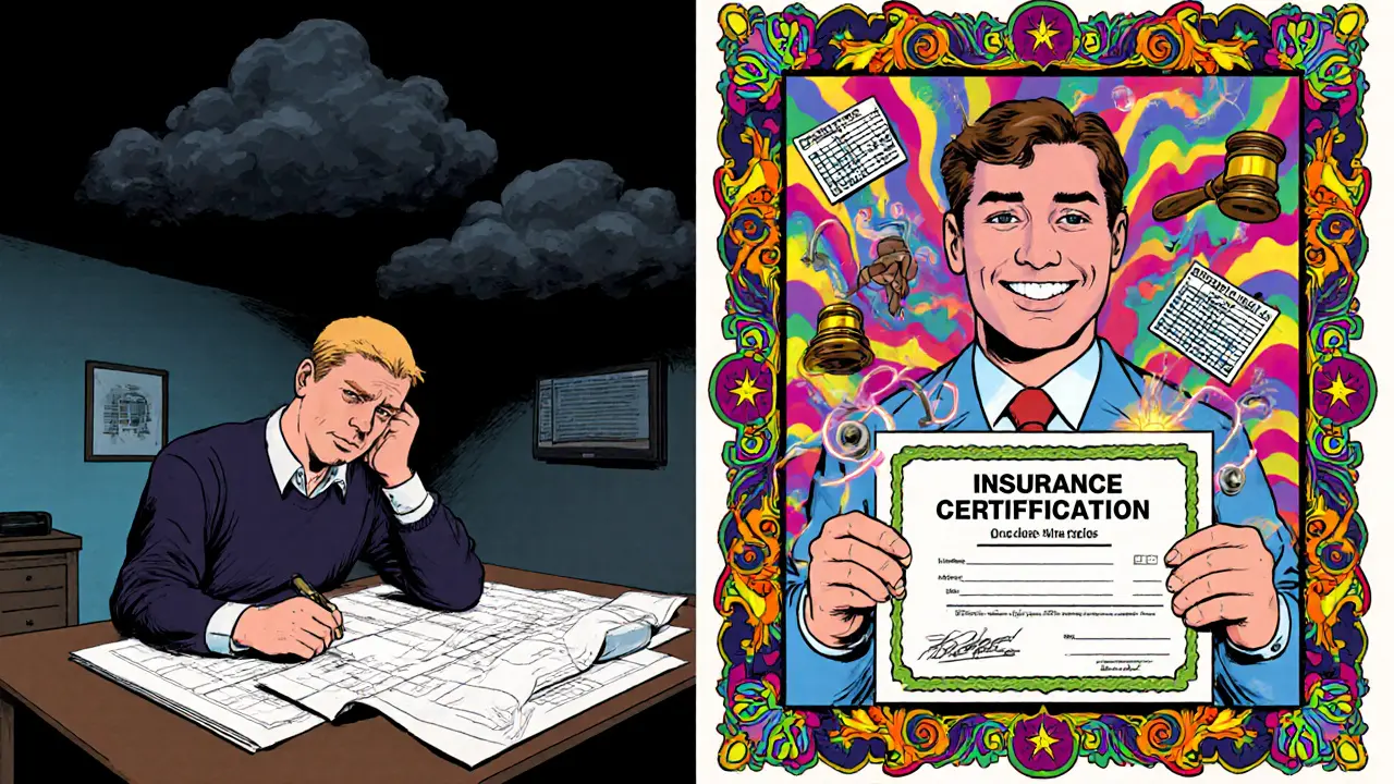 Сравнение: страхование спасает профессионала от финансовой катастрофы в психоделическом стиле.