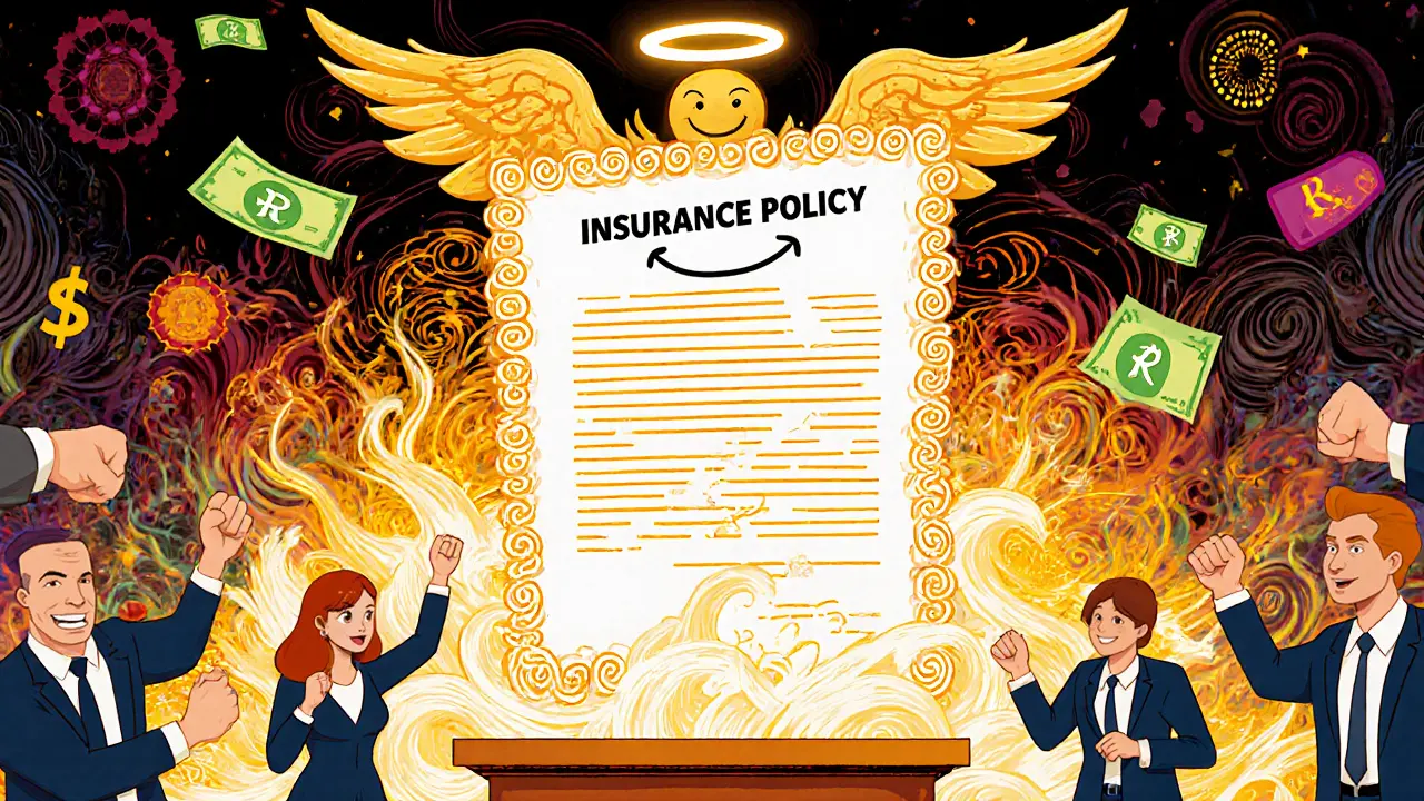 Страховой полис отражает волну исков в яркой психоделической судебной сцене.