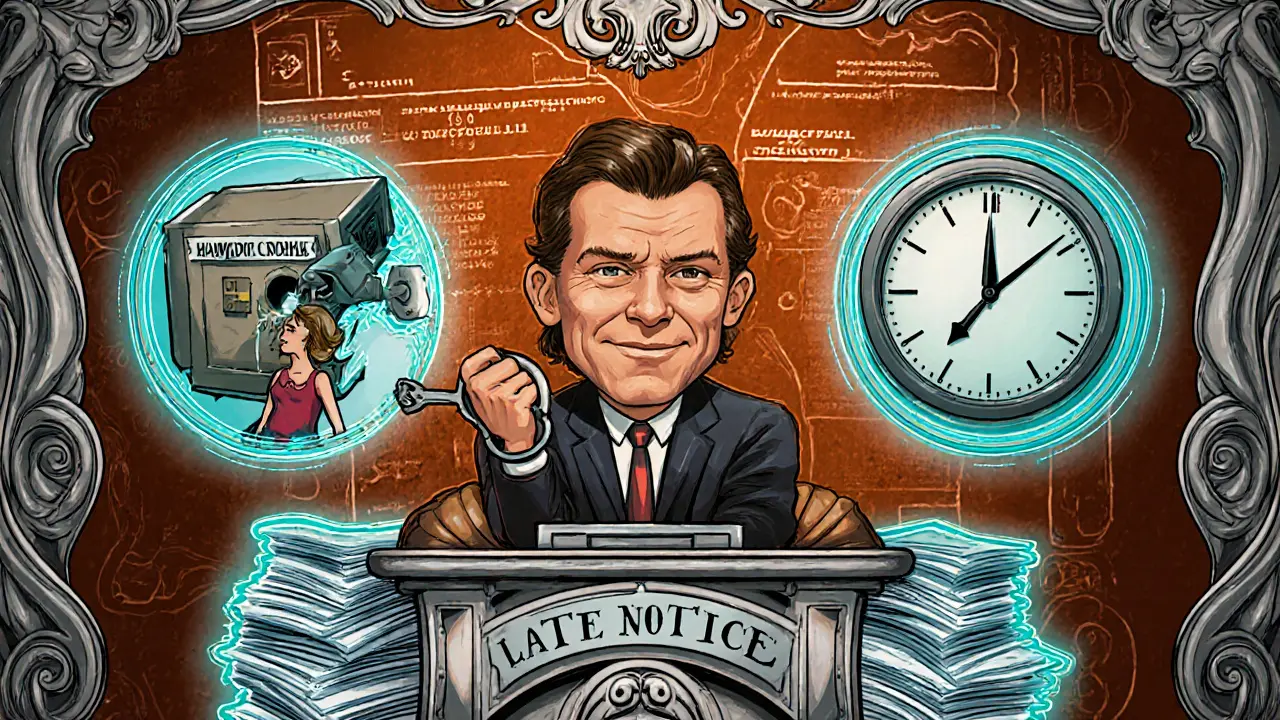 Судебный зал с символами рисков: семья, долг, просроченное уведомление, оформленные в стиле психоделического плаката.