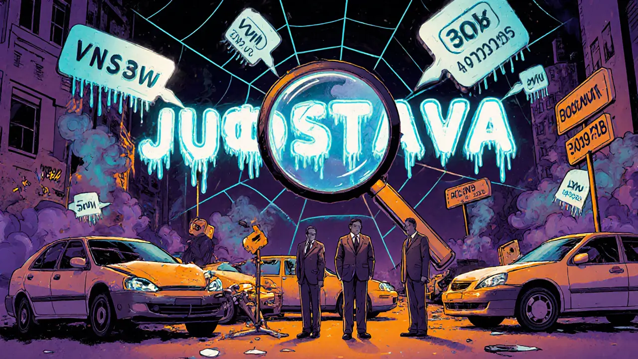 Три одинаковых мошенника в разных авариях, их личности соединены сетью номеров и VIN, фон — искажённый город в стиле Веса Уилсона.