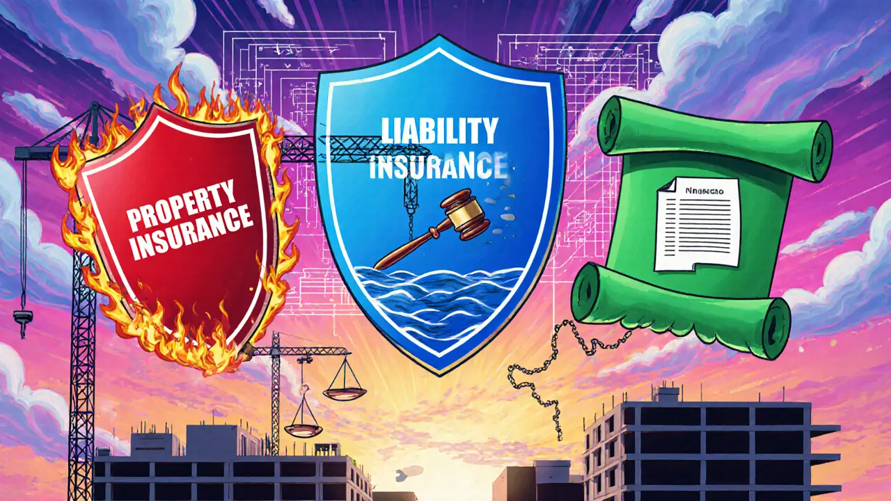 Три щита защиты: имущество, ответственность и титул, парят над стройкой в ярких психоделических тонах.