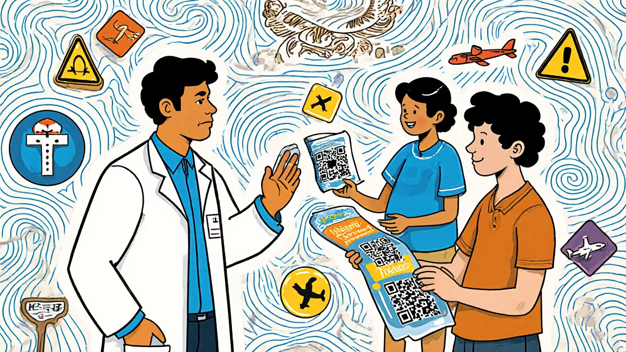 Врач в клинике в Таиланде смотрит на мертвый телефон, а турист показывает распечатанный полис.