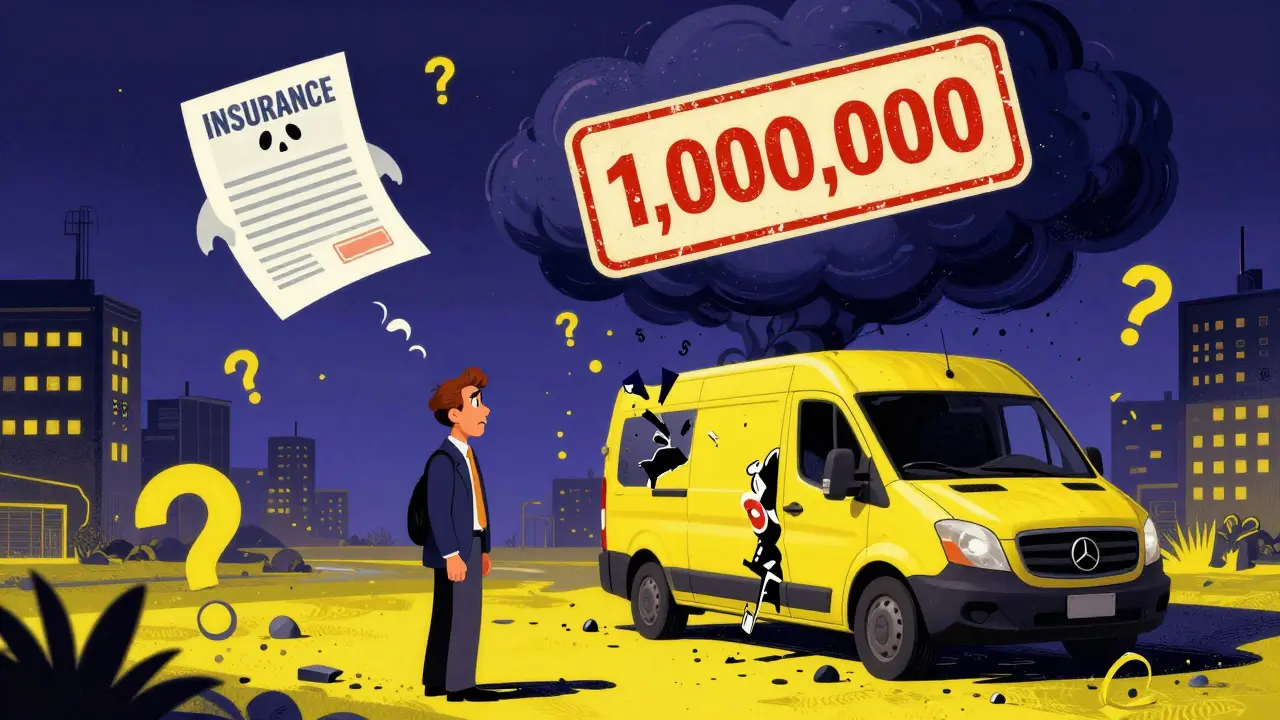 Бизнесмен смотрит на сломанный фургон под гигантской франшизой, страховой полис улетает как воздушный шарик.