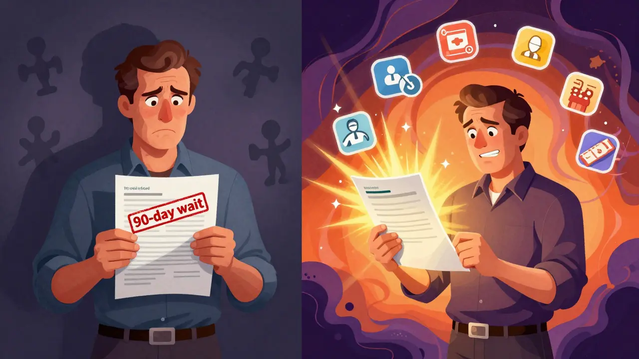 Человек получает страховую выплату после окончания 90-дневного ожидания, символы здоровья светятся вокруг него.