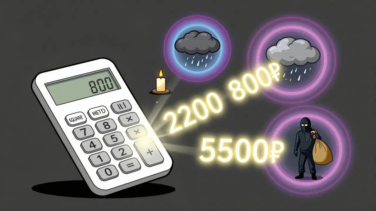 Цифровой калькулятор с тремя ценами и символами рисков в психеделическом стиле.