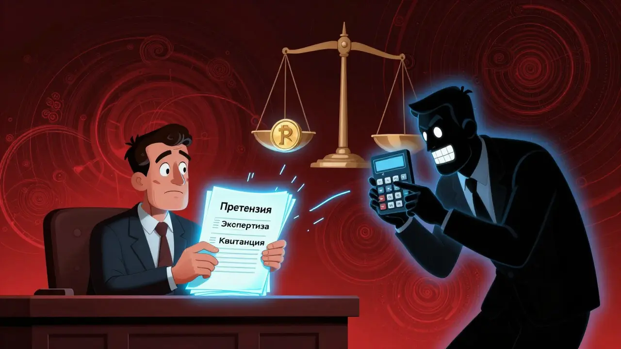 Истец держит документы против тени страховой компании с калькулятором вместо лица, на фоне весов справедливости.