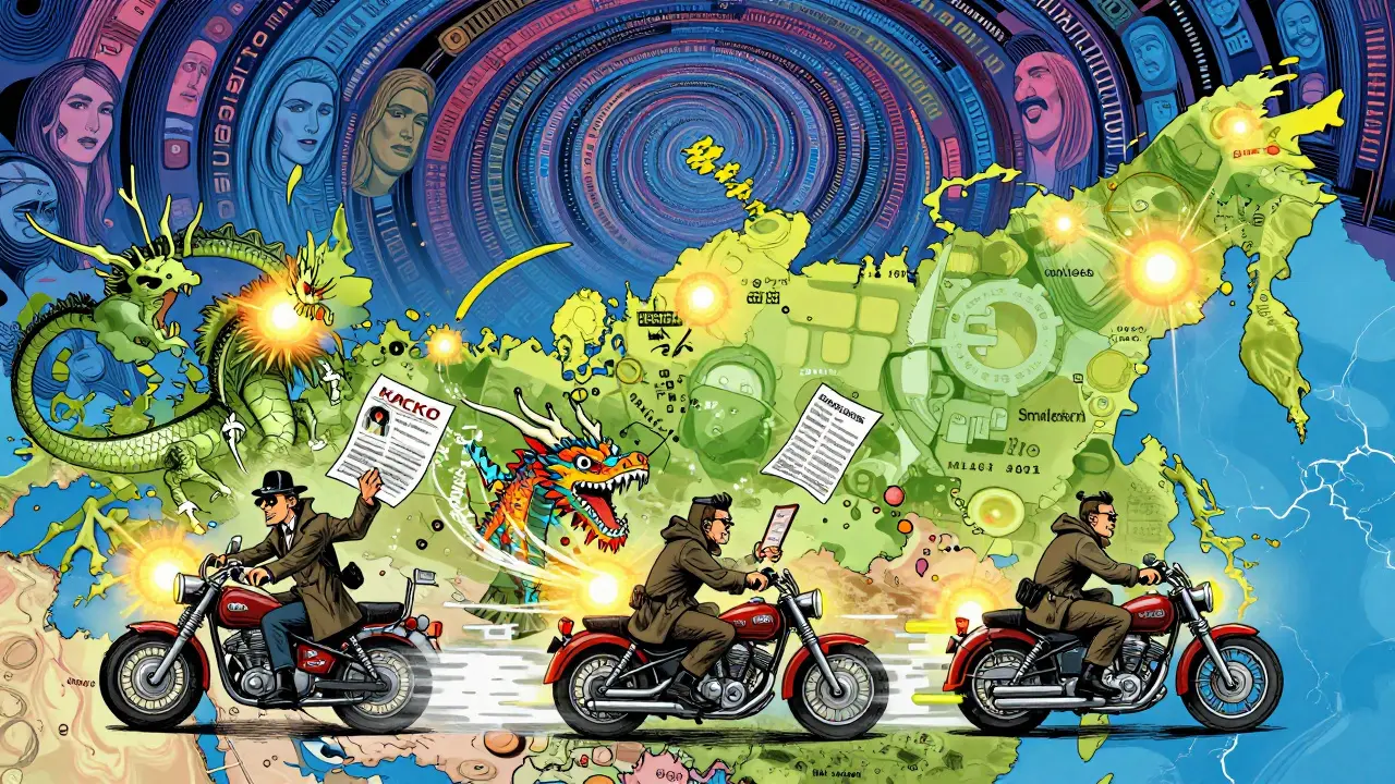 Карта России с горячими точками мошенничества, где преступники едут на мотоциклах из украденных данных.