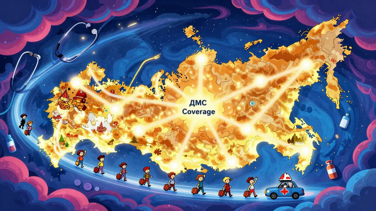 Карта России с зонами покрытия ДМС и путешествующими семьями в психоделическом стиле.