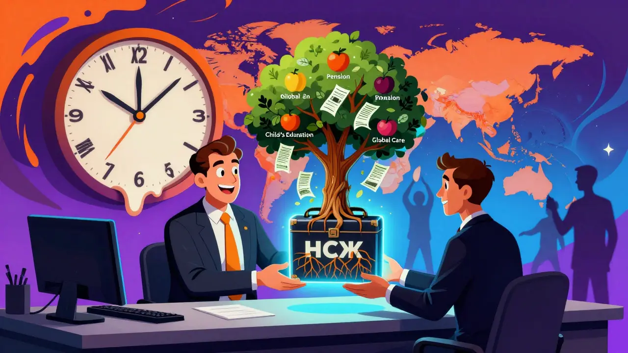 Консультант дает клиенту волшебный чемодан с деревом, растущим из платежей, вокруг — карта 60 стран