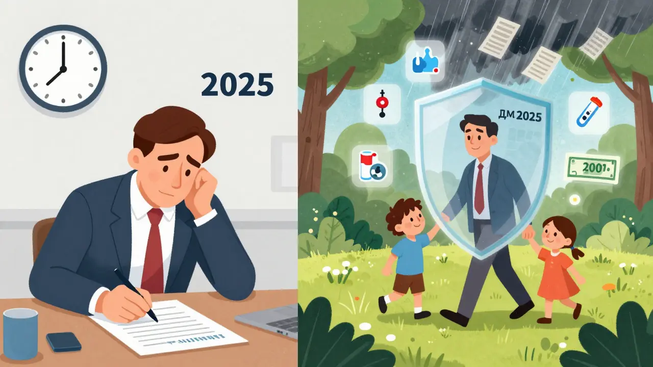 Мужчина подписывает полис — справа он с семьёй под защитой щита ДМС, вокруг — символы лечения и денег.