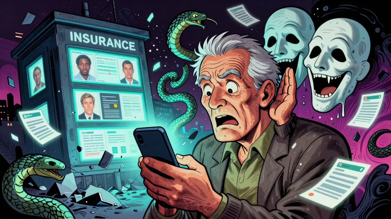 Пожилой мужчина окружен фальшивыми голосами и ссылками, а за ним рушится здание страховой компании.