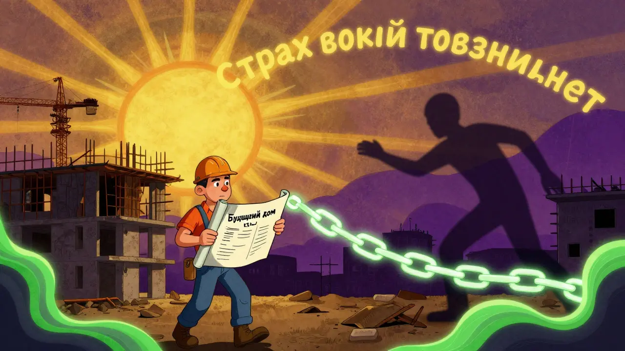 Рабочий у стройки с чертежом дома, юридическая цепь связывает его с будущим домом, а тень азарта пытается украсть документ.