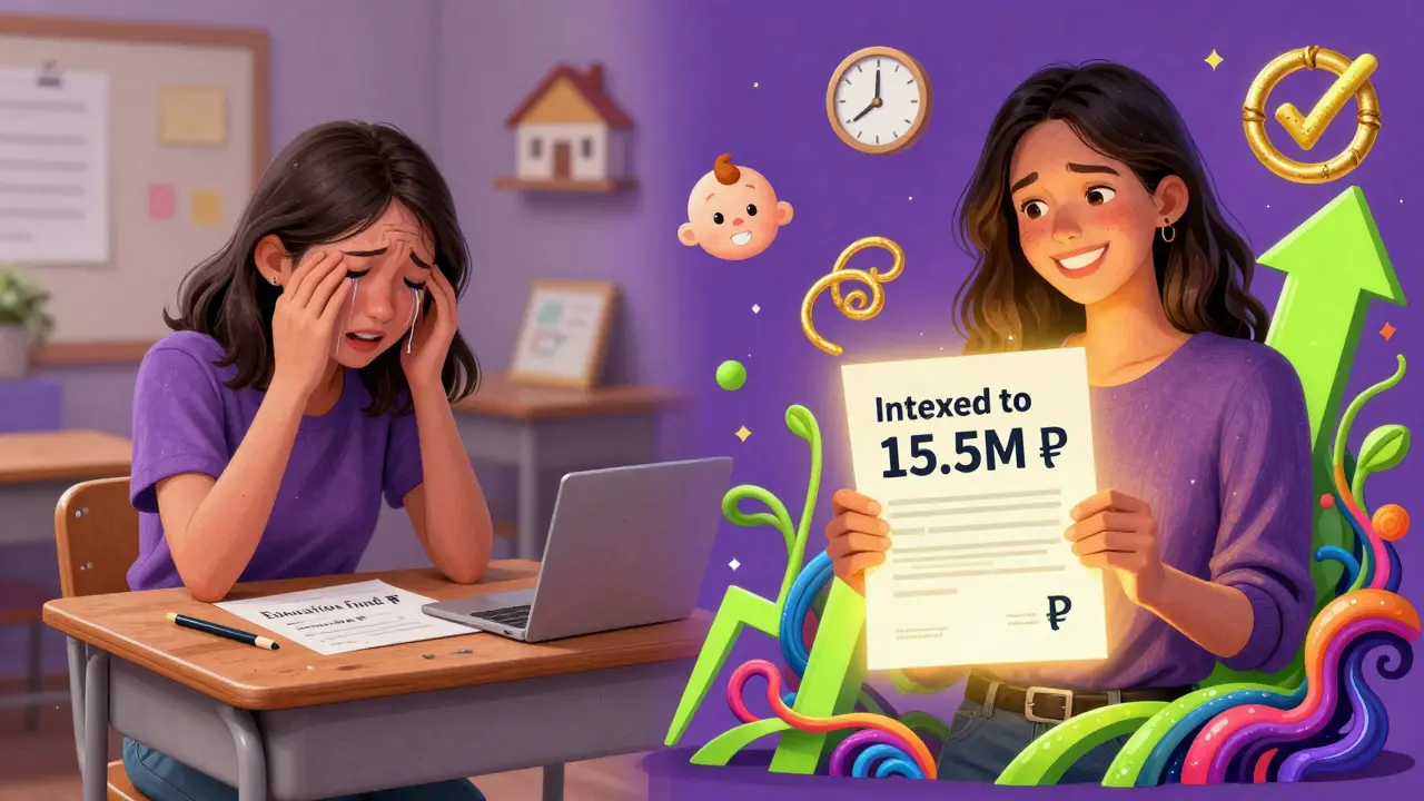 Разделённая сцена: грустная мать с ребёнком слева, счастливая с защищённым полисом справа, фон — растущие волны инфляции.