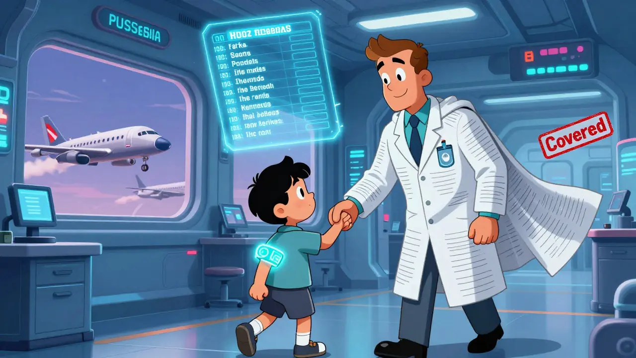 Ребёнок с браслетом идёт с агентом по светящейся клинике, над ними — голографический список редких болезней.