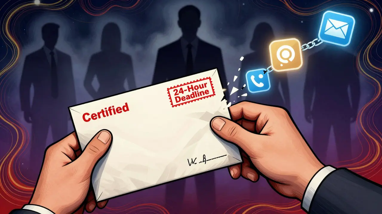 Рука отправляет заказное письмо с маркой &#039;24 часа&#039;, цифровые каналы разрушаются.