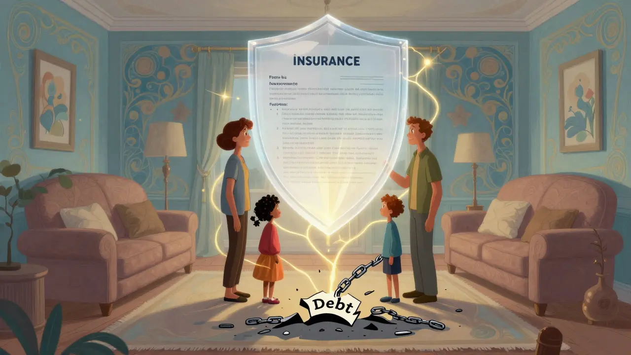 Семья стоит под защитой прозрачного полиса страхования, который удерживает их дом от долгов.