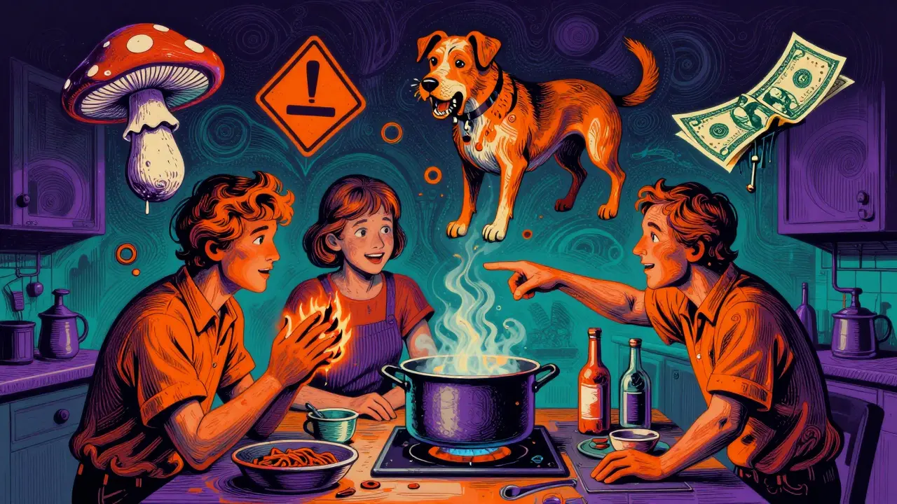 Семья в кухне, один обжегся, вокруг — символы травм и страховки в ярких психоделических тонах.