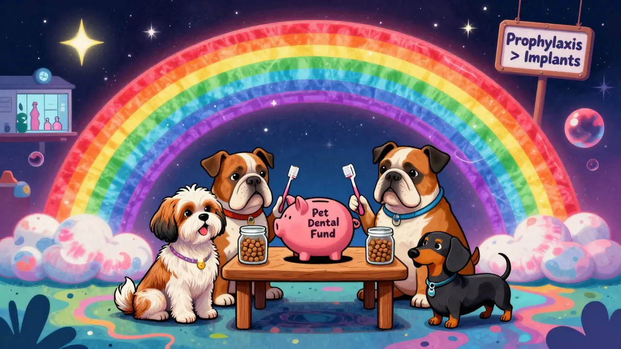 Собаки сидят за столом с копилкой для стоматологических расходов, вокруг них — символы ухода за зубами.