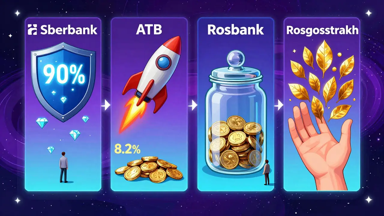 Сравнение четырёх страховых компаний в виде психоделических панелей с символами доходности и надёжности.