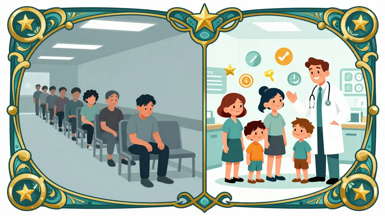 Сравнение: усталая семья в очереди ОМС и счастливая в современной клинике ДМС.