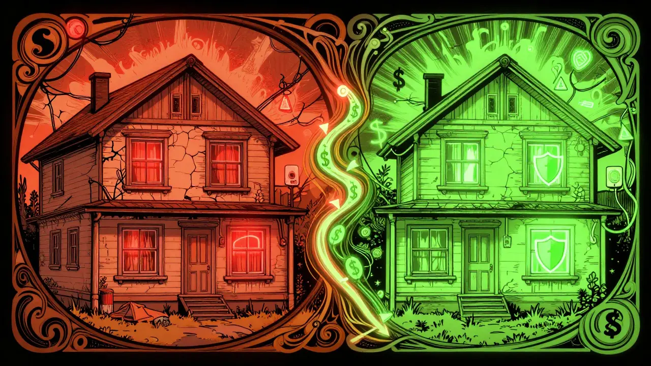 Старый дом слева, обновленный — справа, с символами снижения стоимости.