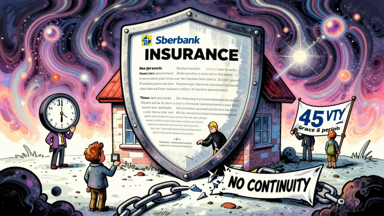 Страховой полис как щит над домом, банки с разными сроками льгот, разорванная цепь — символ разрыва страхования.