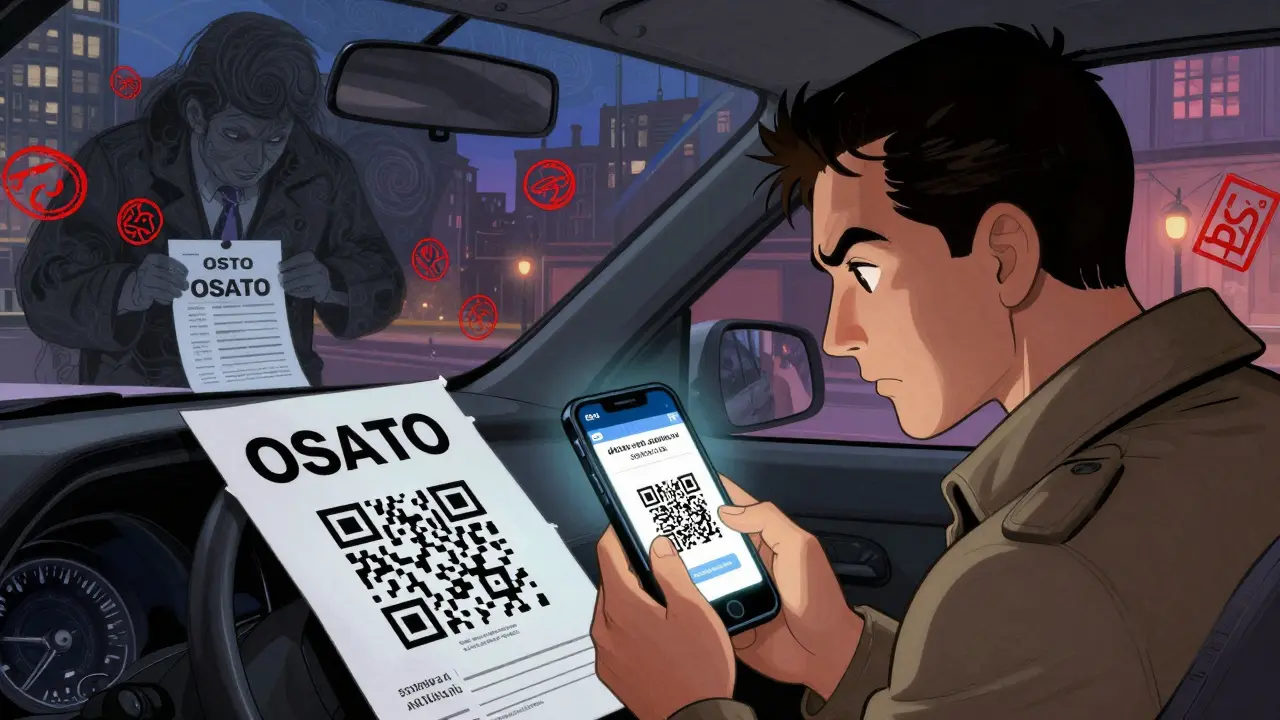 Водитель сканирует QR-код полиса ОСАГО, за ним — тень мошенника с поддельными документами