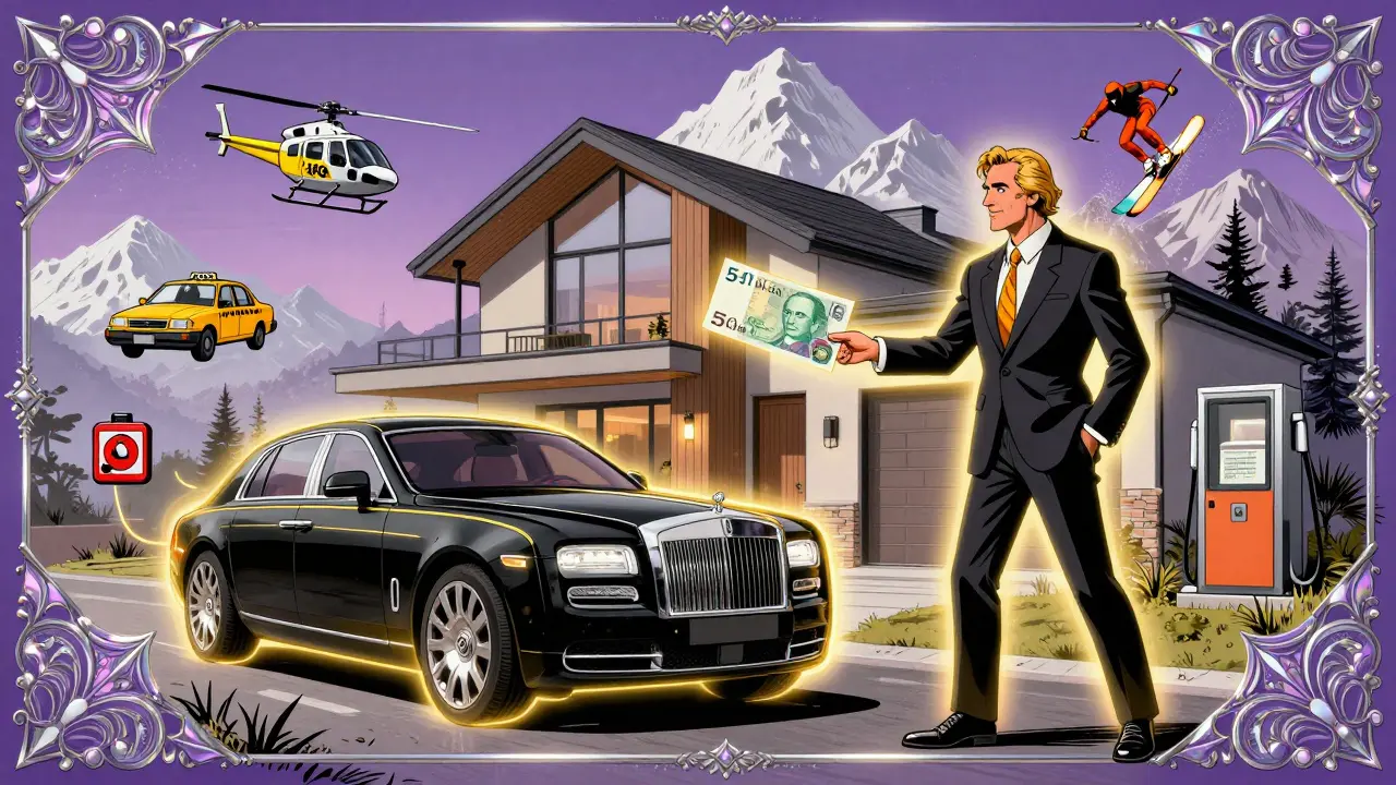 Богатый человек получает миллионные выплаты, вокруг — сервисы экстренной помощи.