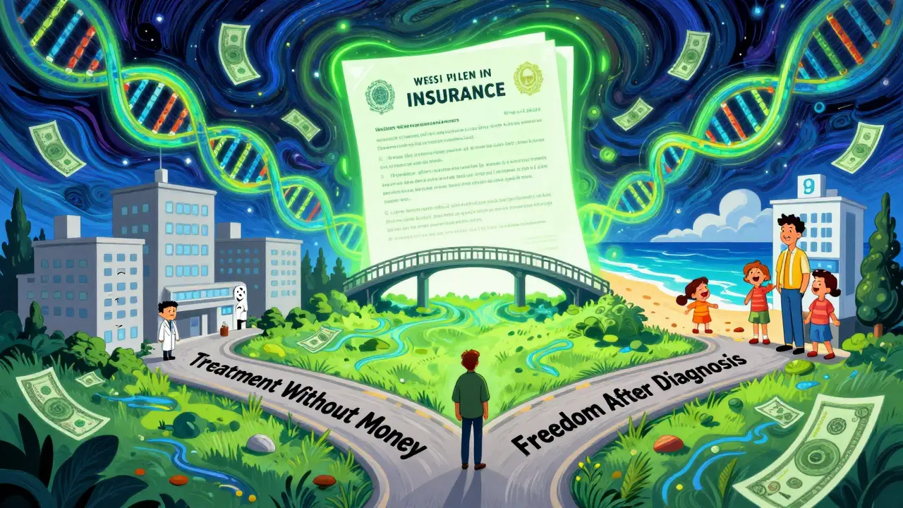 Человек на перекрестке: один путь — серый больничный, другой — светлый путь к свободе, мостом служит страховой полис.