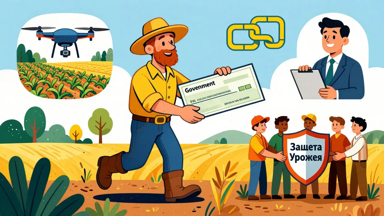 Фермер получает субсидию, вокруг — дрон, блокчейн и фермеры, объединившиеся для защиты урожая.