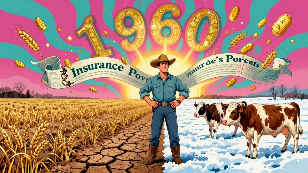 Фермер стоит между засухой и морозом, соединёнными светящимся страховым полисом.