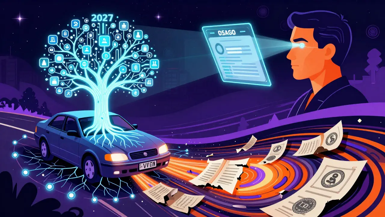 Футуристическая биометрическая система ОСАГО 2027 года, связанная с блокчейном и проверкой через сканирование лица водителя.
