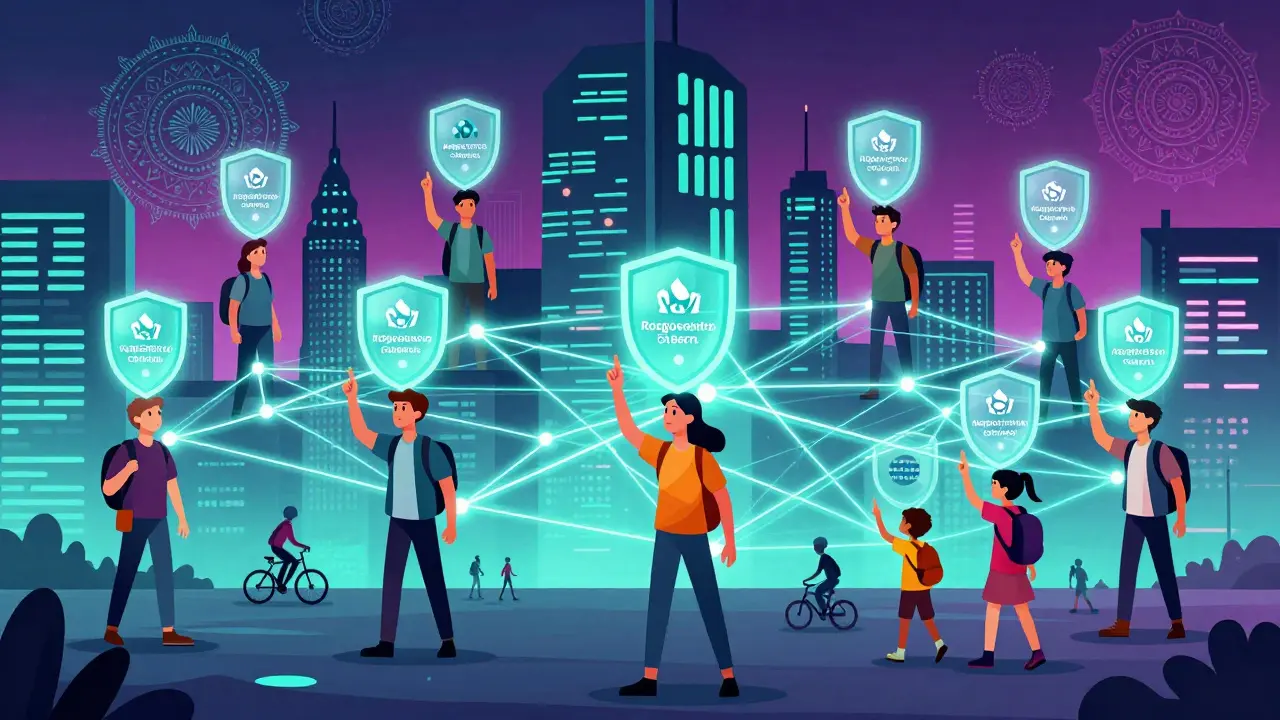 Город будущего с людьми, имеющими персонализированные цифровые щиты страховки, светящиеся в психоделическом свете.