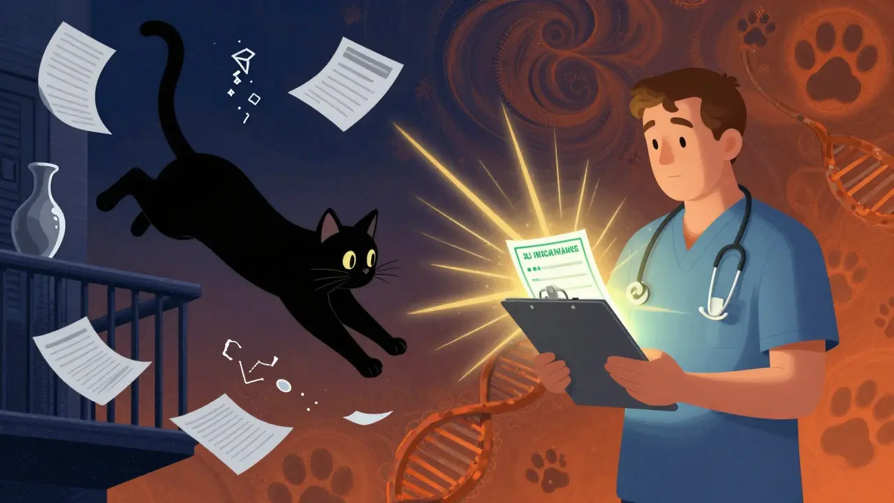 Кошка падает с балкона, справа — ветеринар с полисом страхования, окутанный светом спасения.