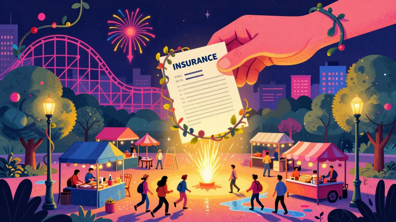 Парковый рынок под защитой волшебного полиса страхования в стиле Вес Вильсона