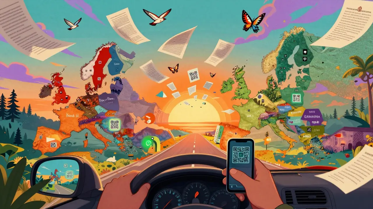 Путешественник едет через Европу, бумажные документы превращаются в бабочек, а QR-коды светятся как порталы.