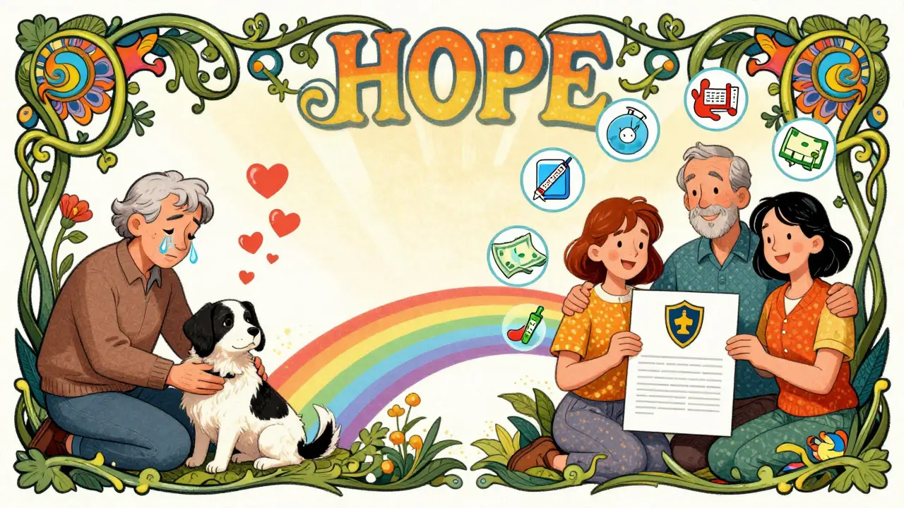 Разделённая сцена: грусть с одной стороны, страховка и надежда — с другой, в психоделическом стиле.