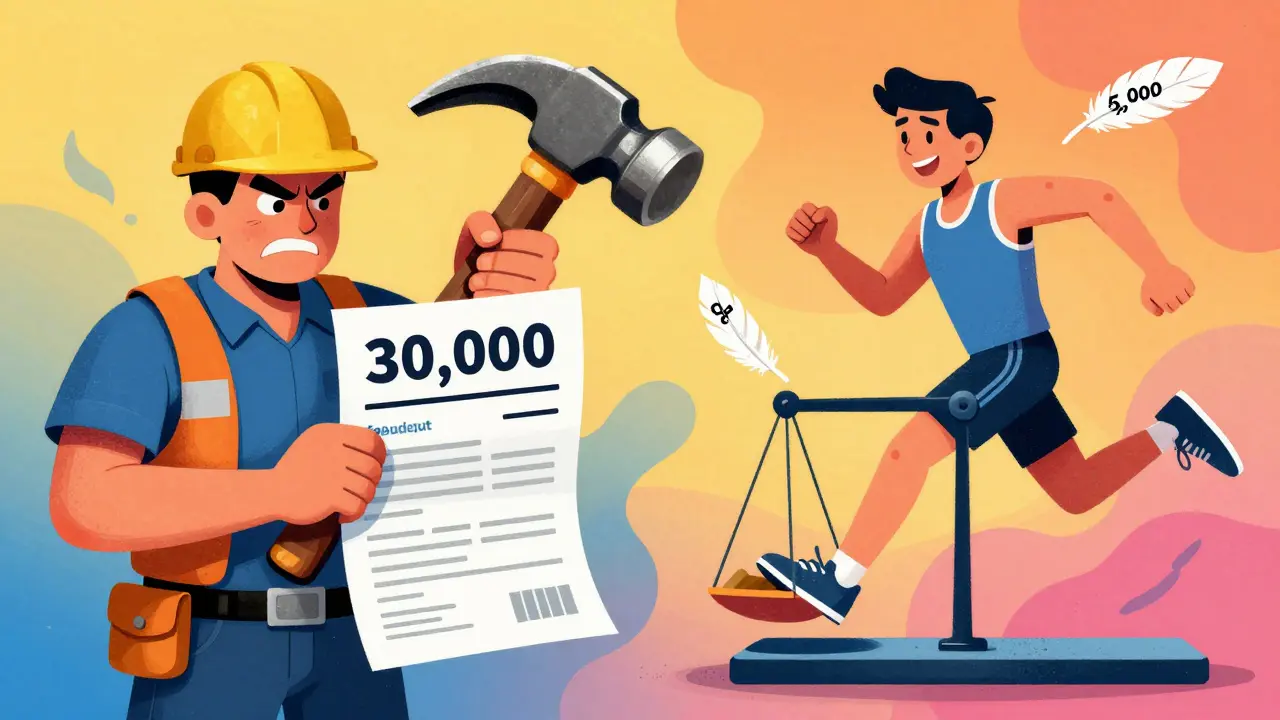 Разделённая сцена: строитель под давлением большой франшизы и бегун с лёгкой франшизой на весах.