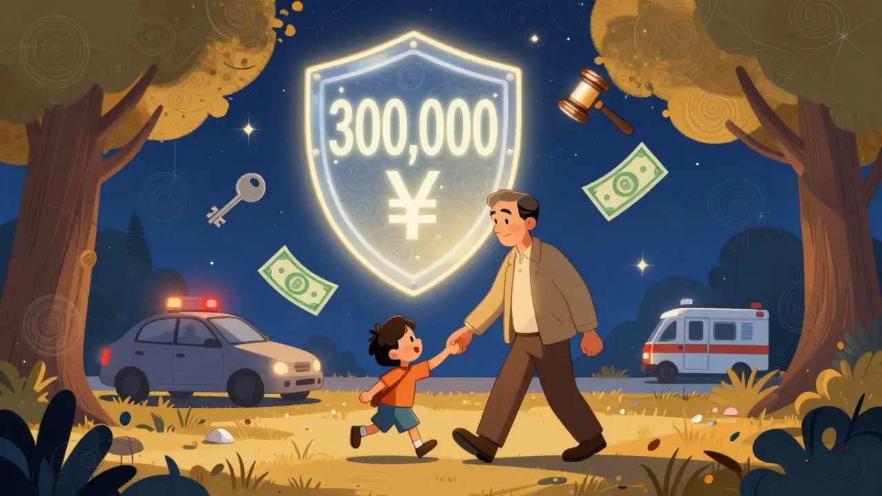 Родитель с ребенком под защитой золотого щита с суммой страховки.