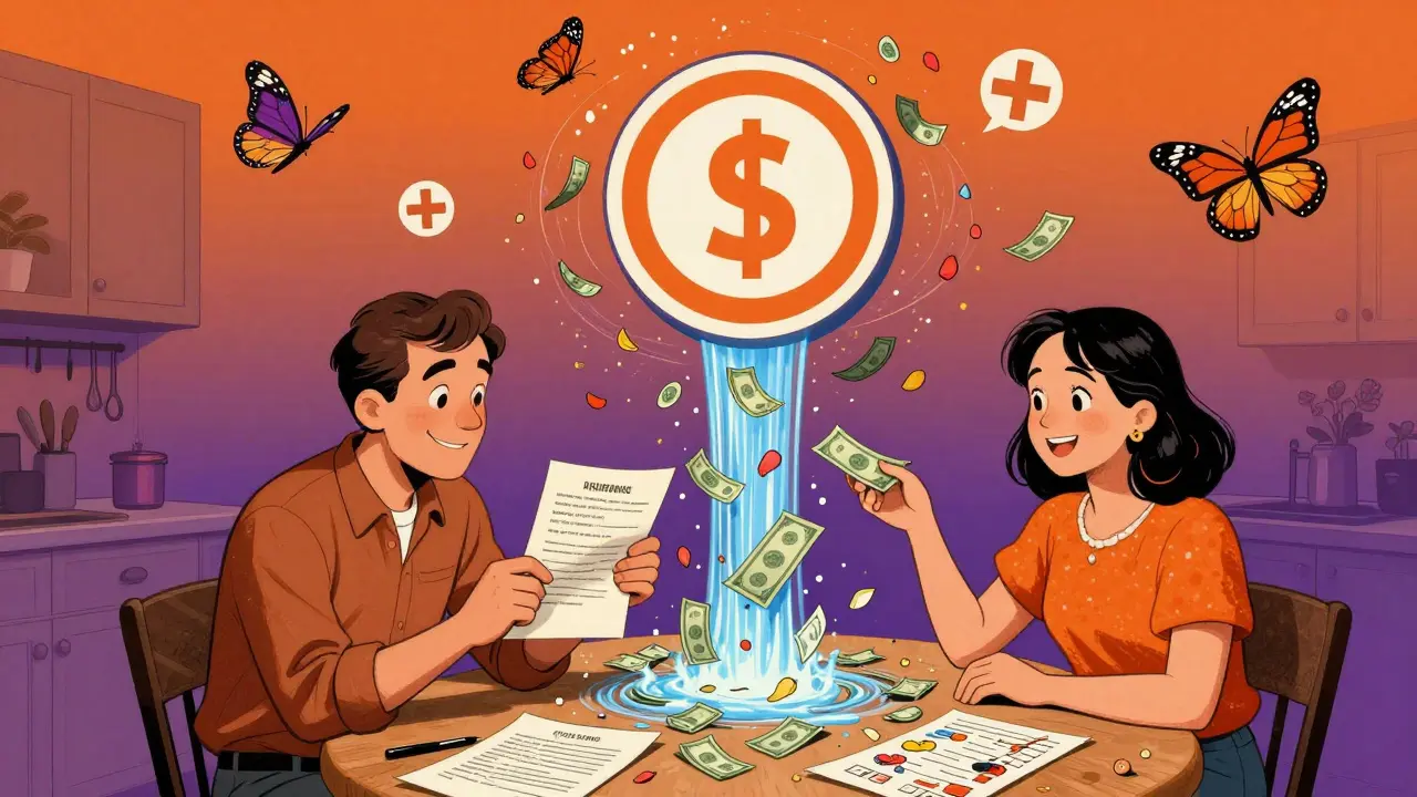 Семья за столом, деньги текут из страхового логотипа на счета и детские документы, фон — плавающие медицинские значки в виде бабочек.