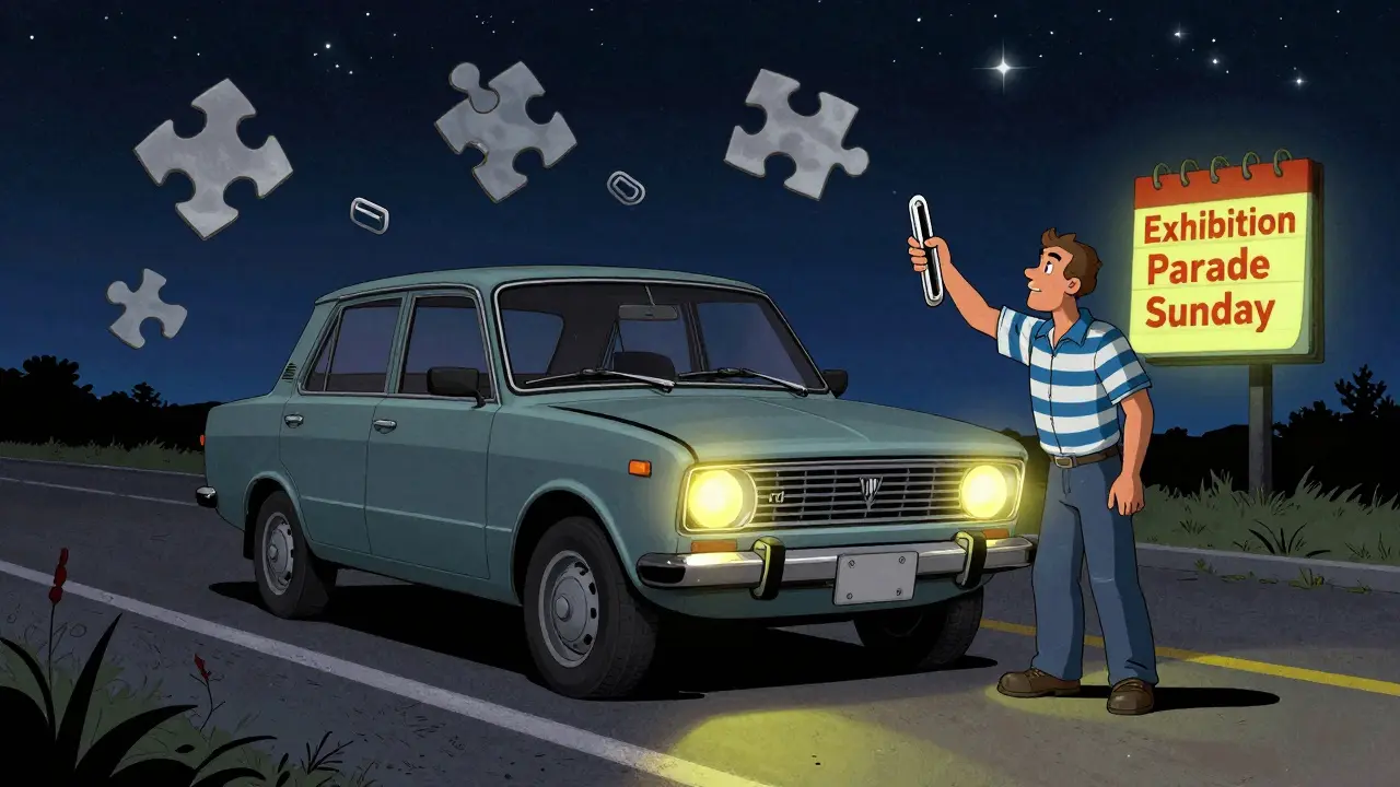 Сломанная Лада 1978 года с механиком, держащим редкую запчасть под звездным небом.