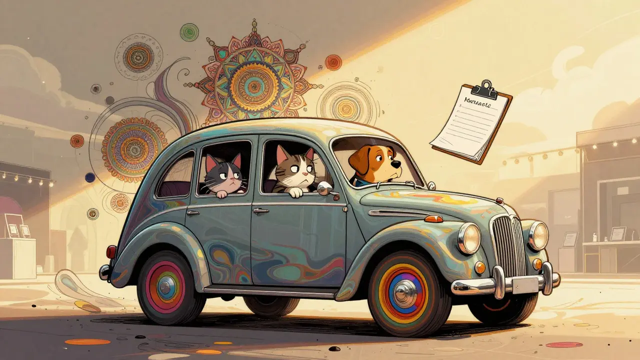 Собака и кошка в психоделической машине, везущей их на выставку, с плавающими документами.