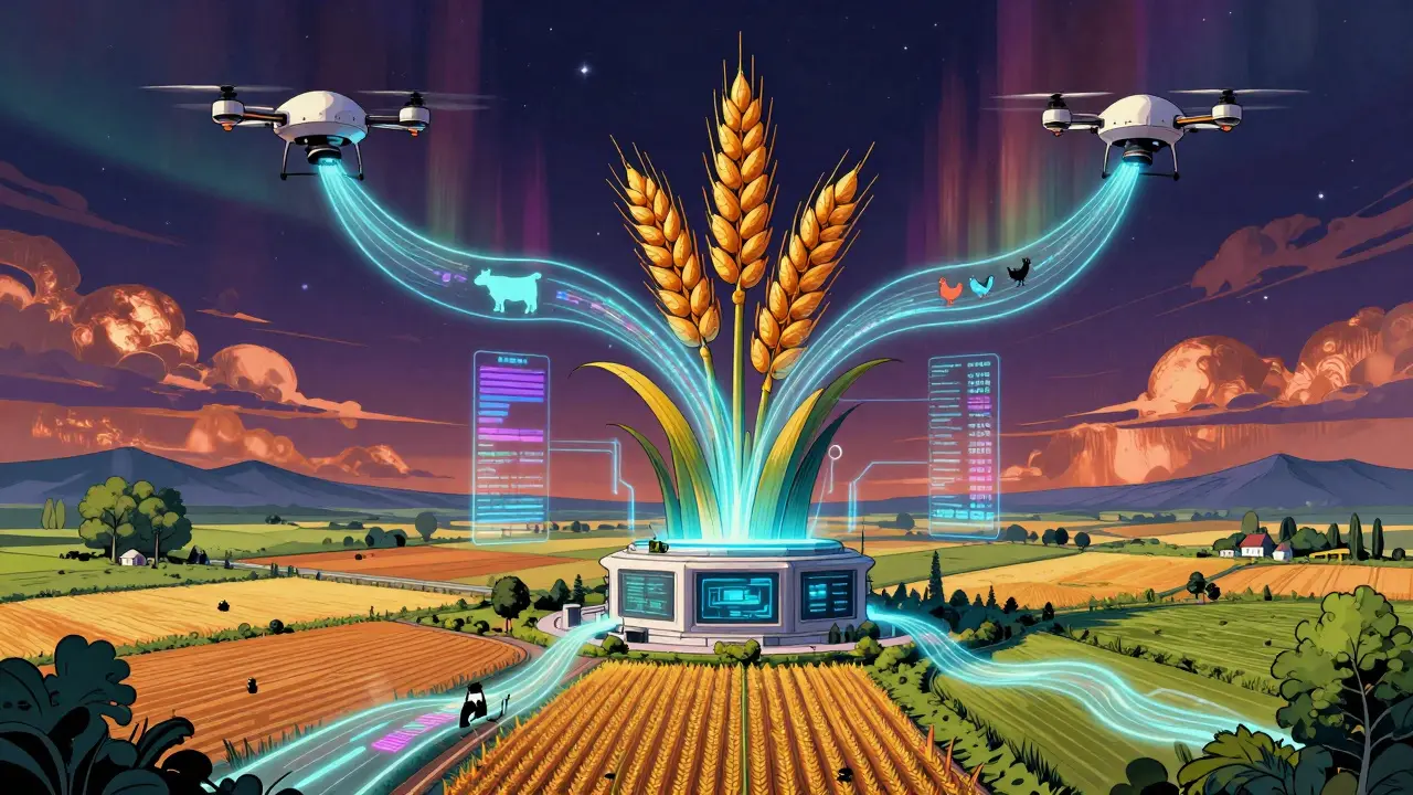 Спутниковые дроны и цифровые потоки над фермой, символизирующие автоматические выплаты.