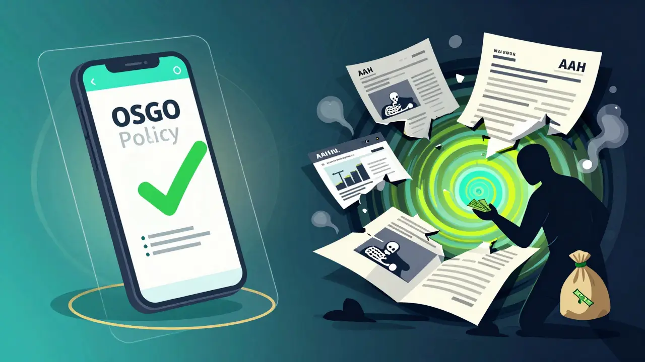 Сравнение легального и поддельного полиса ОСАГО в стиле психоделической иллюстрации: проверенный цифровой документ и разрушающийся бумажный фальшивка.